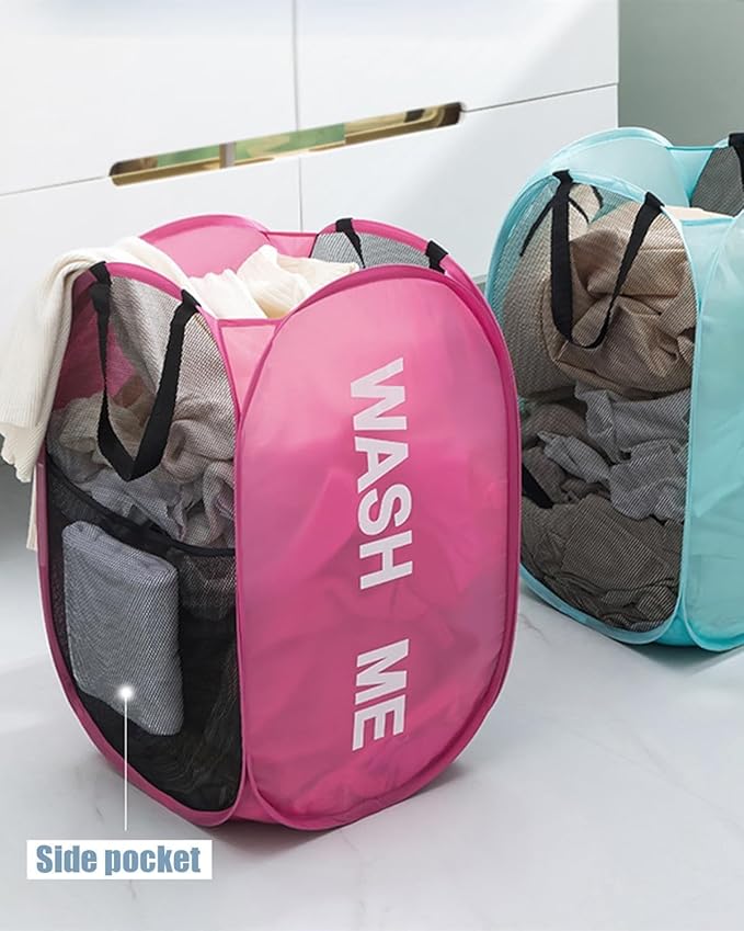 2 PCS Clothes Hampers for Laundry Stackable Divided Baskets Lightweight Room Collapsible Storage Bin 2 Packs Mesh Bags for Home, Dorm, Travel, Camping (Red & Blue)