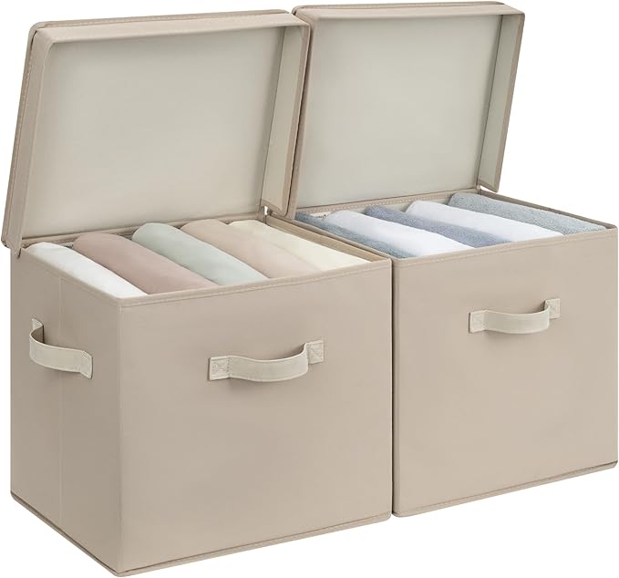 StorageWorks Storage Boxes with Lid, Collapsible Storage Bins with Handles, Stackable Closet Organizers for Shelves, and Bedroom, 15" x11¼x12½, Light Brown, 2-Pack