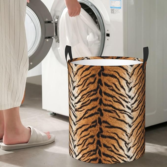 Tiger Animal Texture Round Laundry Hamper Storage Basket Toys Clothes Organizer Bin For Home Bathroom Bedroom Dorm Nursery, 62l