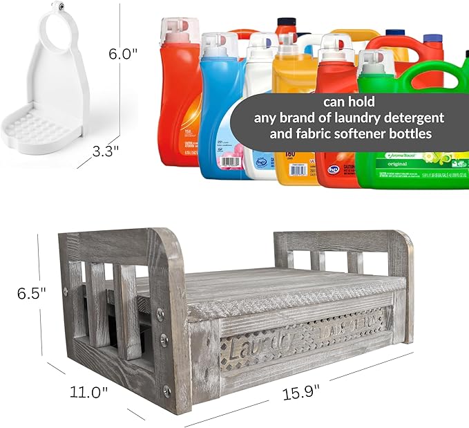 Besuerte Wooden Liquid Detergent Holder, Wall Mount Detergent Holder For Laundry Room, Farmhouse Laundry Detergent Dispensers Organization Storage-Hold Two Laundry Soap Tubs (Rustic Gray)