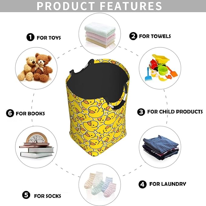 Cute Rubber Ducky Laundry Hamper Yellow Cartoon Ducks Storage Basket Toys Clothes Organizer Bin For Home Bathroom Bedroom Dorm Nursery, 52l
