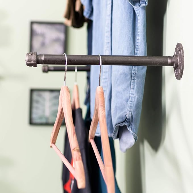 PIPE DECOR Industrial Pipe Wall Mounted Clothing Rack, Commercial or Residential Wardrobe Clothes Display, Heavy Duty Rustic Vintage Steel Grey Black Metal Garment Bracket Frame, 4 X 12" Brackets