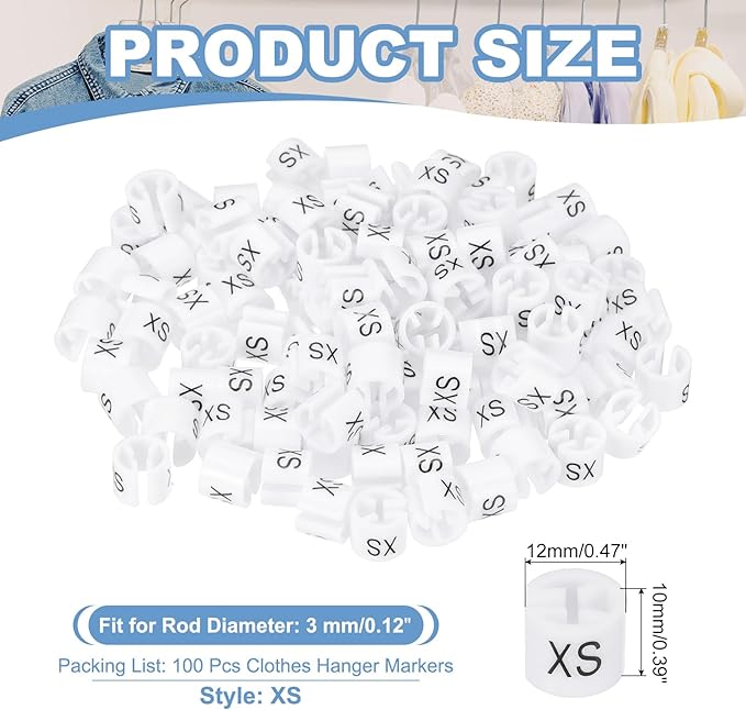 PATIKIL 100 Pcs Clothes Hanger Markers, XS Size Tags Fit 3mm Rod Garment Size Hanger Clips Color Coding Label for Clothing Hangers, White