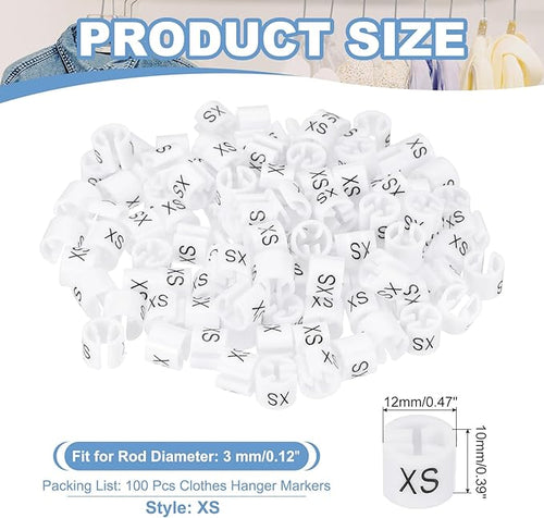 PATIKIL 100 Pcs Clothes Hanger Markers, XS Size Tags Fit 3mm Rod Garment Size Hanger Clips Color Coding Label for Clothing Hangers, White
