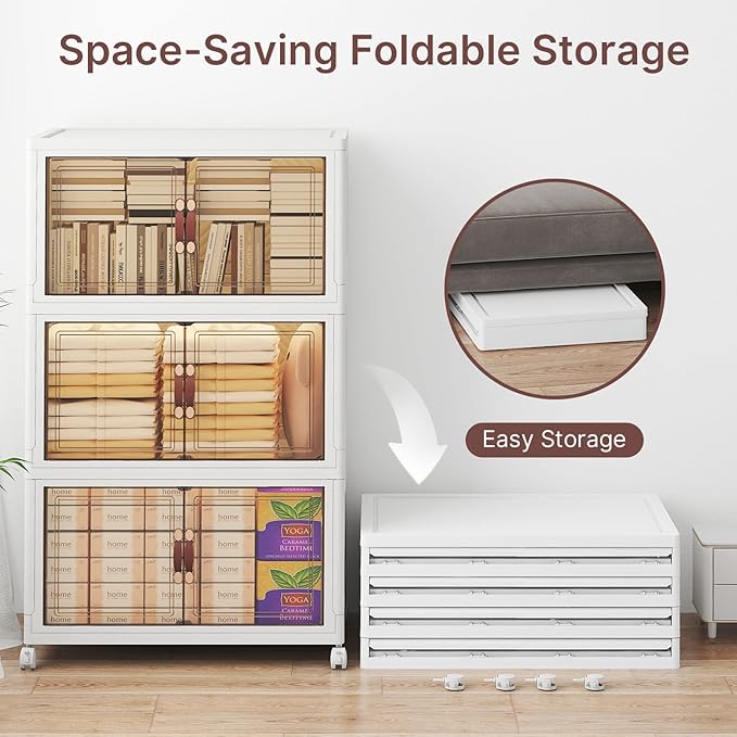 Extra Large Stackable Storage Bins, Lockable Storage Bins with Lids, Folding Storage box with Doors and Wheels, Collapsible Plastic Drawers for Home, Garage, Office (6, White, Large)