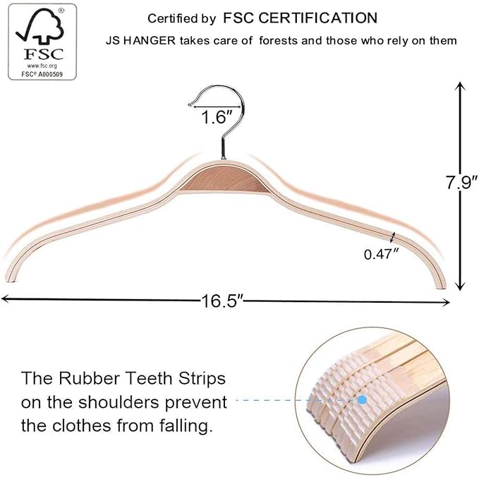 JS Hanger Lightweight Non Slip Wooden Hangers - 10 Pack Heavy Duty Wood Coat Hangers with Soft Stripes for Camisole, Jacket, Dress Clothes, Sweater, Natural Finish