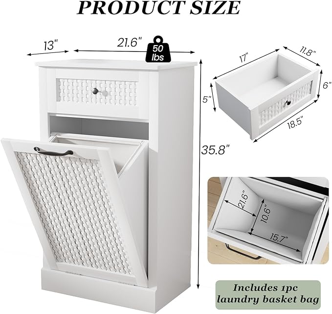 Tilt Out Laundry Hamper Cabinet, Rattan-Style Laundry Room Organization with Removable Laundry Basket, Hidden Wood Dirty Clothes Hamper with Drawer, 21.6" L x 13" W x 35.8" H, White