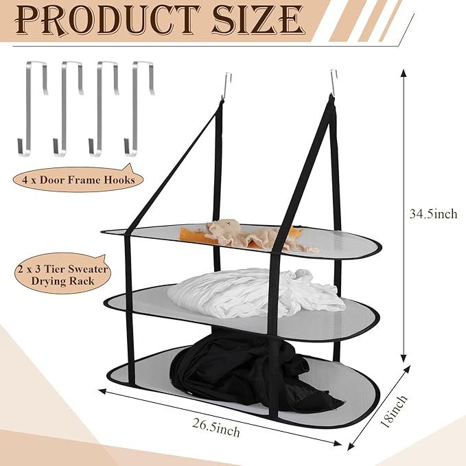 2 Pcs 3 Tier Sweater Drying Rack Flat Mesh Foldable, Over The Door Folding Drying Rack for Sweater, Clothes, and Room Organization, Perfect for Apartments Dorms Bathrooms (Black, 26.5x18x34.5 IN)