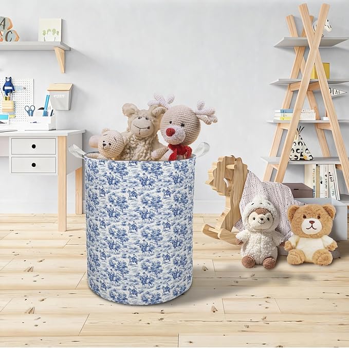 Chinoiserie Western Cowboy Laundry Basket Hamper, Blue and White Toile Rodeo Cowboy Western Foldable Clothes Toys Books Storage Box Bins Baskets Organizer for Bedroom Bathroom Home
