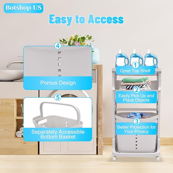 Laundry Hamper Basket, 2-Tier 3 Baskets Removable Basket Cart with Wheel, Dirty Clothes Storage Organizer Shelf, Plastic Stackable Washing Clothes Sorter for Bathroom, White