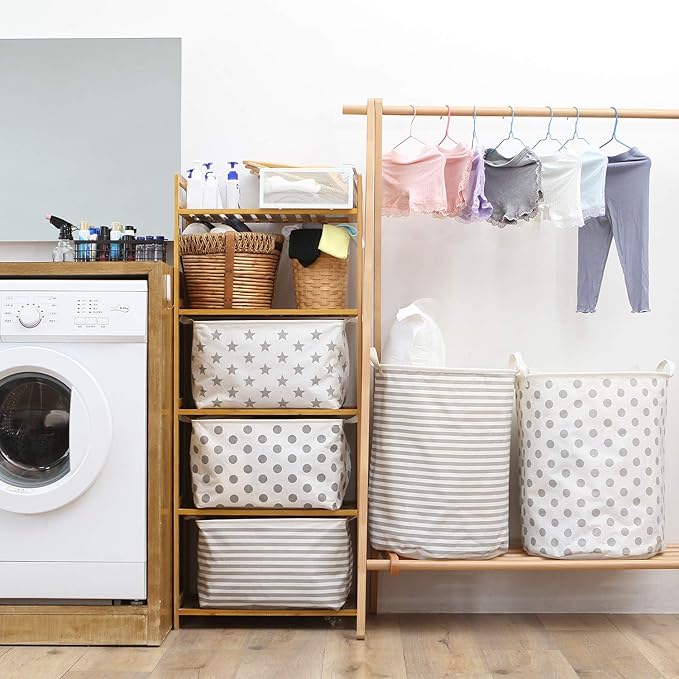 Sea Team 2-Pack 19.7 Inches Large Sized Waterproof Coating Ramie Cotton Fabric Folding Laundry Hamper Bucket Cylindric Burlap Canvas Storage Basket (19.7", Grey & White Stripe)