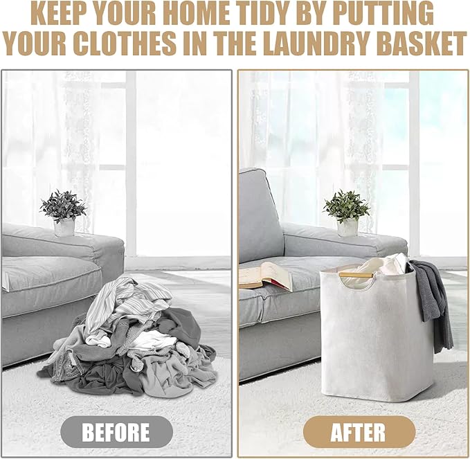 3-Pack 65L Collapsible Laundry Basket with Wooden Handles, Ideal for Tidying Clothes, Blankets and Toys,Laundry Hamper Perfect for Bedroom, Bathroom, and Living Room Organization (Solid Color Set)