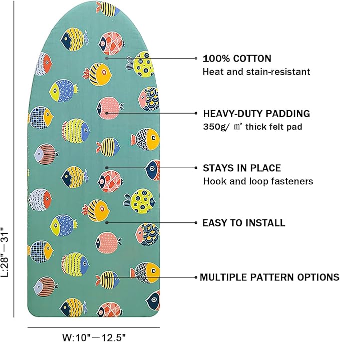 12.5" x 30" Small Tabletop Ironing Board Cover and Pad,3 Pairs of Hook and Loop Fastener Straps,Elastic Edges,Cotton Mini Iron Board Cover with Scorch Resistant Thick Padding