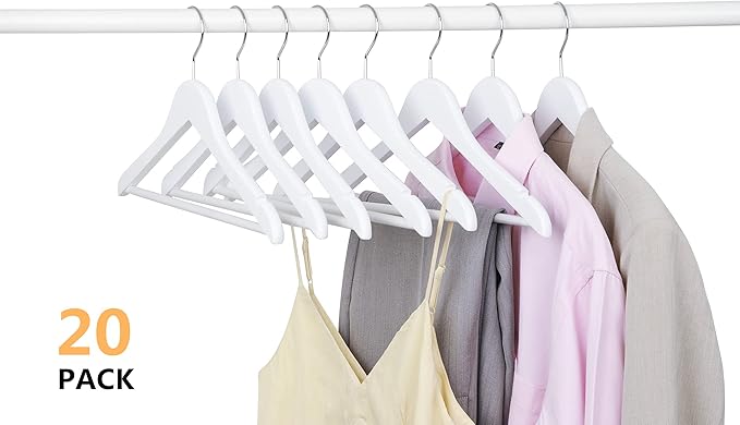 Amber Home 20 Pack 15" White Wooden Clothes Hangers for Woman, Teenager Clothing Hangers for Shirt Jacket, Solid Wood Dress Coat Hangers with Non Slip Pants Bar (White, 20)