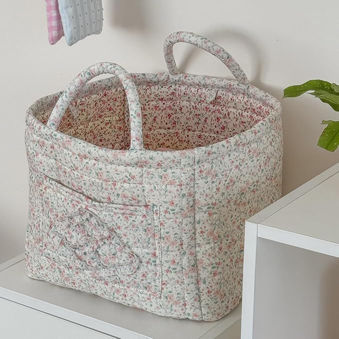Quilted Fabric Storage Basket Boho Floral Laundry Baskets with Handles Collapsible Quilted Soft Basket for Car, Clothes, Toys Storage