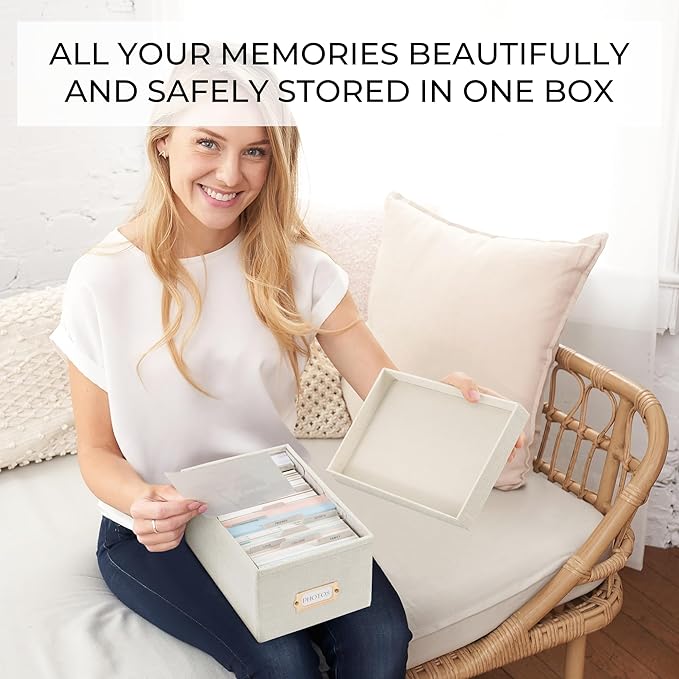 ZICOTO Decorative Photo Storage Box - Sturdy Linen Photo Organizer with Dividers is Perfect to Store Up to 850 Pictures and 4x6 Photos - Portable Scrapbook Storage Containers with Lid