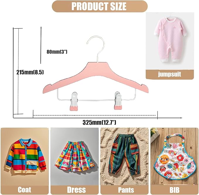 Pink 12.7" Ultra-Thin Wooden Children Closet Clothes Clips Hangers 20PCS Wood Baby Kids Coat Hangers for Infant Toddler Newborn Jumpsuit Pants Skirts Jeans Space Saving Heavy Duty Durable