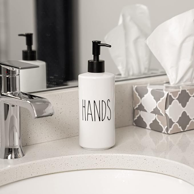 Heartland Home Porcelain 16oz Empty Liquid Dispenser Bottle for Hands. Hand Soap Dispenser for Bathroom, Hand Lotion Bottle, Lotion Pump Dispenser or Hand Sanitizer Pump for Hand Sanitizer Refill.