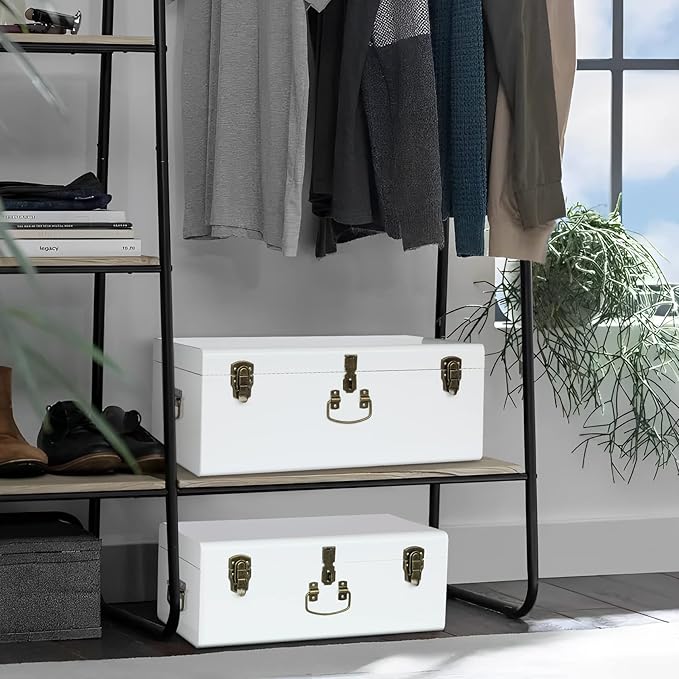 Vixdonos Decorative Metal Box Storage Trunks Set of 2 College Dorm Chest with Handle (White with Bronze Latches)