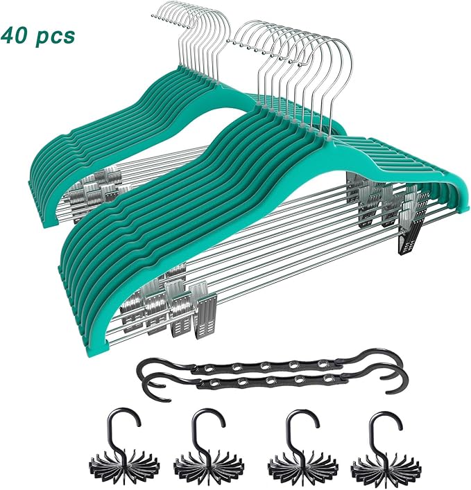 VECELO 40 Pack Velvet Clothes Hangers with Adjustable Clips,Heavy-Duty Non Slip & Space-Saving with 1 Magic Hangers & 2 Tie Rack for Suit Coat Pants Skirt Dresses