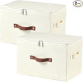 2 Pack Storage Bins with Zipper Lid Cotton Linen Fabric Lidded Storage Baskets Boxes Foldable Washable Closet Shelf Clothes Organizer Container with PU Leather Handles (Beige, Large Size)