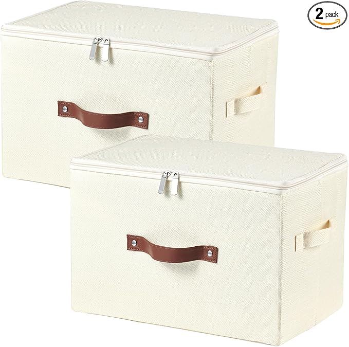 2 Pack Storage Bins with Zipper Lid Cotton Linen Fabric Lidded Storage Baskets Boxes Foldable Washable Closet Shelf Clothes Organizer Container with PU Leather Handles (Beige, Large Size)