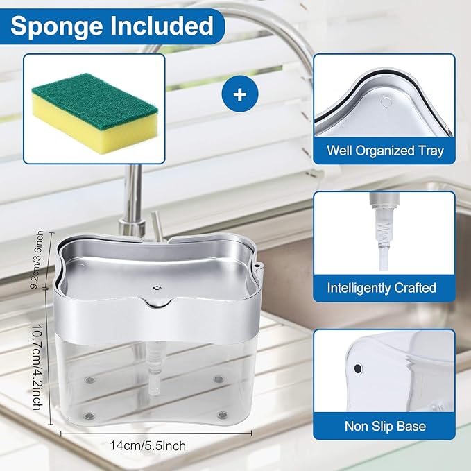 Premium Quality Soap Dispenser with Added Features for Kitchen - Sponge Holder Sink Dish Washing Soap Dispenser 13 Ounces Silver