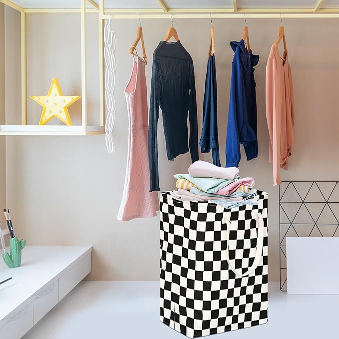 Checkered Laundry Basket Foldable Kids Hamper Storage Bins Women Waterproof Organizer Toy Box Large Canvas for Home/Dorm/Kitchen/Pet/Office/Closet/Shelf/Living Room Decor Baskets