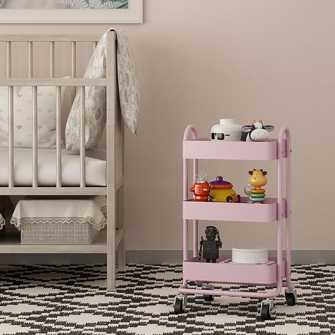 3-Tier Utility Rolling Cart,Kitchen Storage Carts with Wheels,Pink Metal Rolling Cart for Office,Home,Kitchen,Garden（13.4"x18.1"x31"） Pink