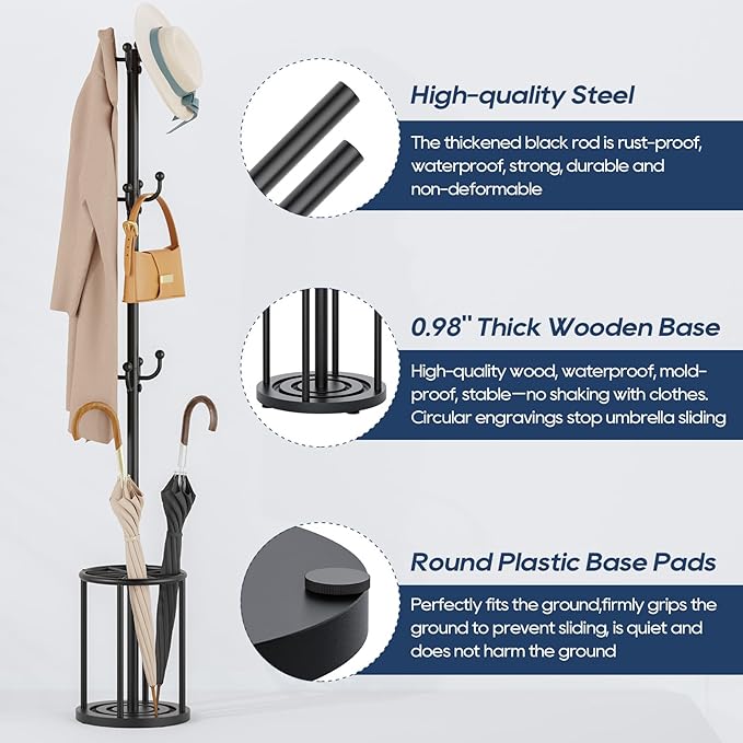 Coat Rack Freestanding, Black Coat Rack with Umbrella Holder, standing hat rack umbrella stand for entryway, coat hanger stand with 12 Hooks, office coat tree for Hat, Umbrella, jacket, Bag, Clothes
