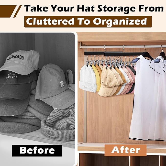 2 Pack Hat Organizer for Baseball Caps with 10 Stainless Steel Clips, Wooden Baseball Cap Organizer, Fits All Caps, Black