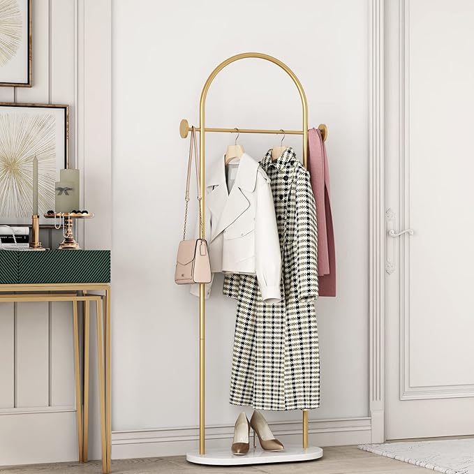 DR.IRON Modern Gold Clothes Racks with Shelves Freestanding, Gold Coat Racks with Marble Base & Coat Hanger with Umbrella for Entryway Hallway, Office or Bedroom