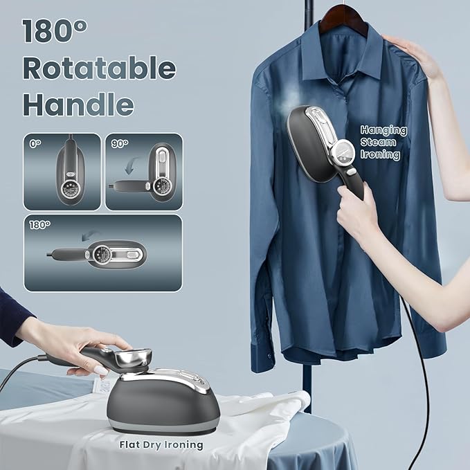 Killrose Steamer for Clothes, 2 in 1 Clothes Steamer Handheld, 1200W Steam Iron, 3 Level Thermometer Display Dashboard Travel Iron, 180° Rotatable Portable Handheld, Heat Up, Water Tank, 120V