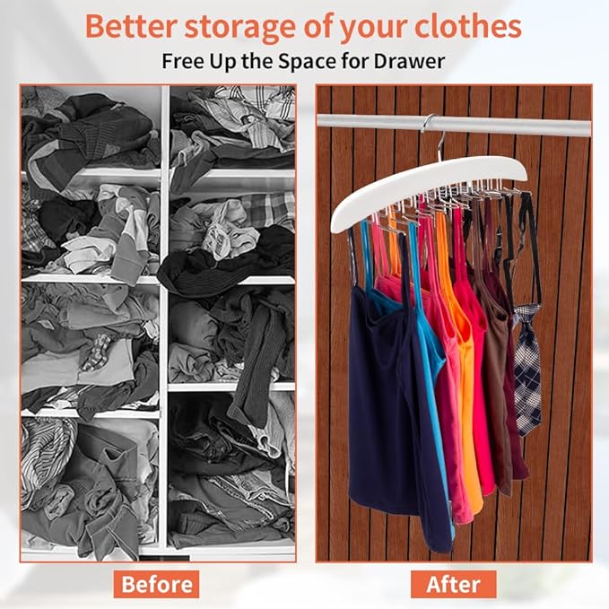 3 Pack Tank Top & Bra Hanger, Tie & Belt Hanger with Natural Wood, 24 Space Saving, 360 Rotating, Foldable Metal Hooks, Closet Organizer and Storage Rack for Tank Tops/Bras/Ties/Belt (White)