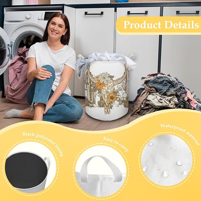 Western Laundry Basket, Vintage Western Floral Bull Skull Waterproof Collapsible Laundry Hamper Dirty Clothes Storage Toy Bin Organizer for Western Bathroom Bedroom, Western Home Decor