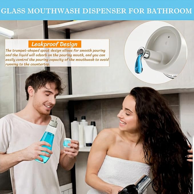 1 Pack Glass Mouthwash Dispenser for Bathroom, 8.8oz Mouth Wash Container Bottle with Lid Cup, Clear Refillable Bathroom Containers for Countertop/4 Pcs Label