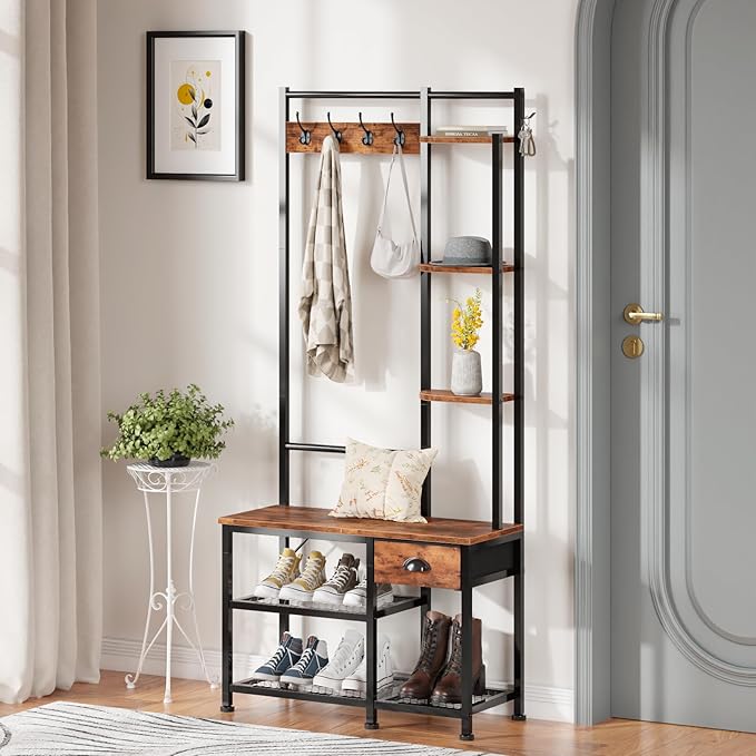 Furologee Coat Rack, Hall Tree with Bench and Shoe Storage, 4 in 1 Entryway Bench, Coat Rack with 3 Shelves and Drawer, Entryway Organizer with 5 Hooks for Hanging, Rustic Brown