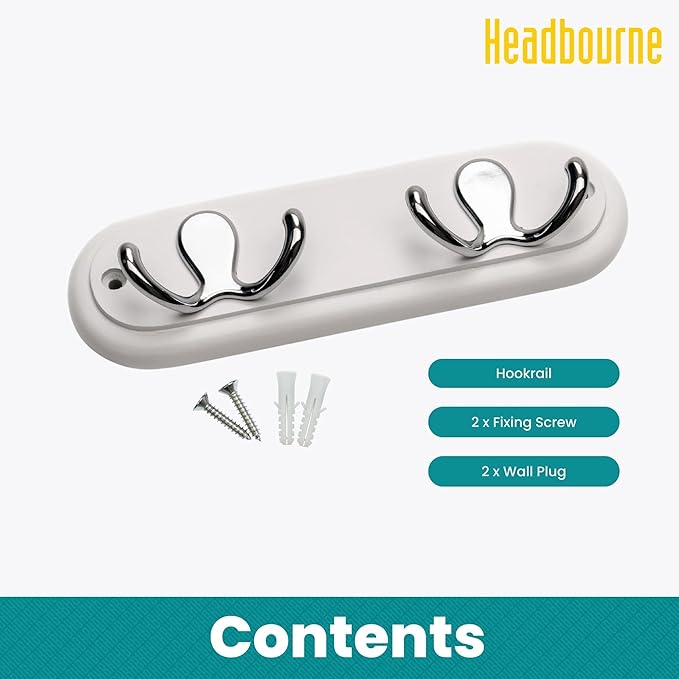 Compact Door Wall Mounted Robe Coat Rack with 2 Double Hooks, Fixings Included, 22cm, Polished Chrome on White