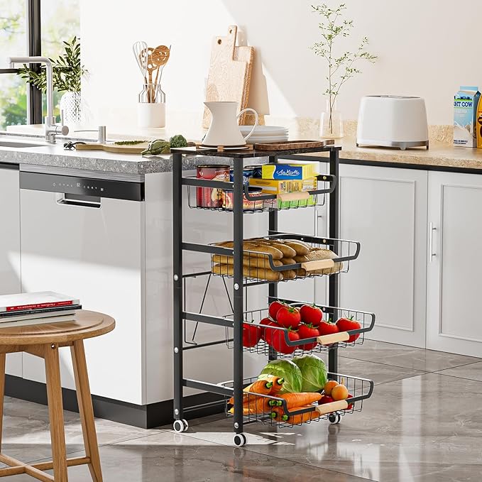JAQ 5-Tier Fruit Vegetable Storage Cart with Wood Top, Rolling Kitchen Basket Organizer with Ergonomic Wood Handle & Wheels for Snacks Produce, Heavy Duty Metal Vianderos para Cocina Modernos, Black