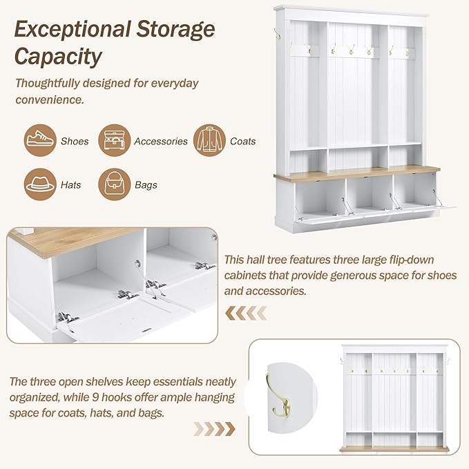 Farmhouse 75" H Hall Tree with 9 Golden Hooks, 3 Large Cabinets, Open Shelves, Roman Column Design Natural Storage Bench, Entryway Organizer with Shelves for Mudroom, Hallway (White,75)
