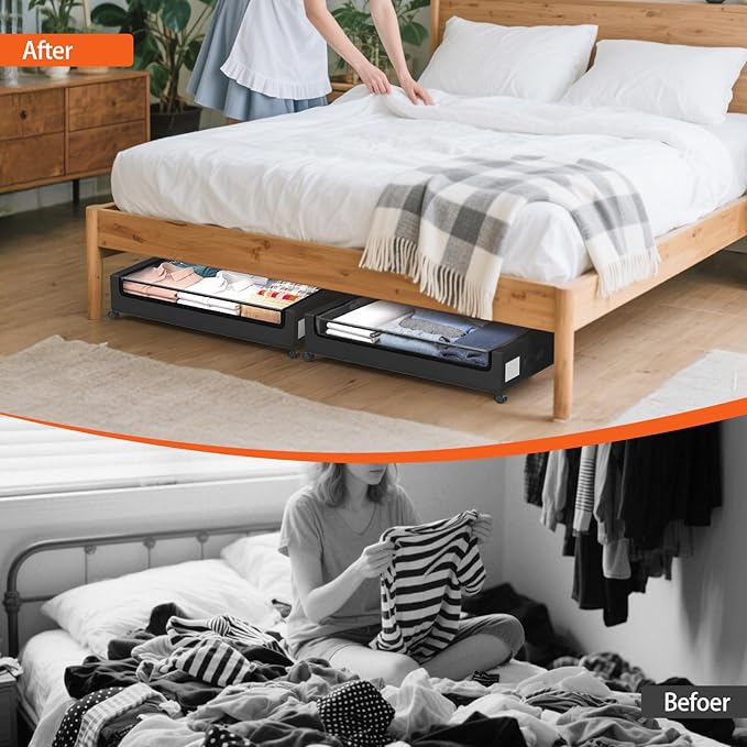 Under Bed Storage Containers with Wheels - Foldable Organizer Bins for Blankets, Clothes, Shoes, Toys, and Comforters.Capacity, Space Saving, Easy Pull Out, Clear PVC (black-2)