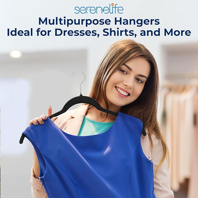 SereneLife 50-Piece Velvet Shirt Hangers – Black Non-Slip, Heavy Duty Clothes Hangers with 360° Swivel Hooks, 0.2" Slim Design, Sturdy & Lightweight Closet Organizers for Shirts, Coats & Pants