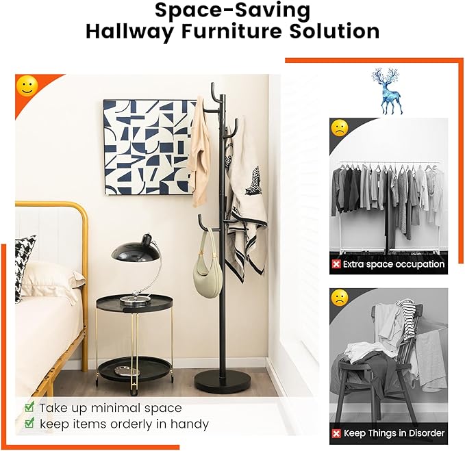 Tangkula Coat Rack Freestanding, Heavy Duty Metal Coat Tree with 8 Hooks, Coat Hanger Stand with 13-inch Enlarged Base, Standing Hall Tree, Home Entryway Hat Jacket Hanger for Scarf, Bag, Umbrella
