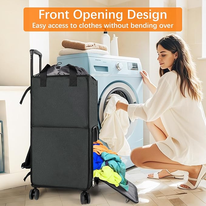 Bukere Extra Large 3 in 1 Rolling Laundry Backpack Bag with Wheels, 90L Freestanding Laundry Basket, Collapsible Laundry Hamper with Removable Wheeled Cart for College Dorm Apartment Laundry Room