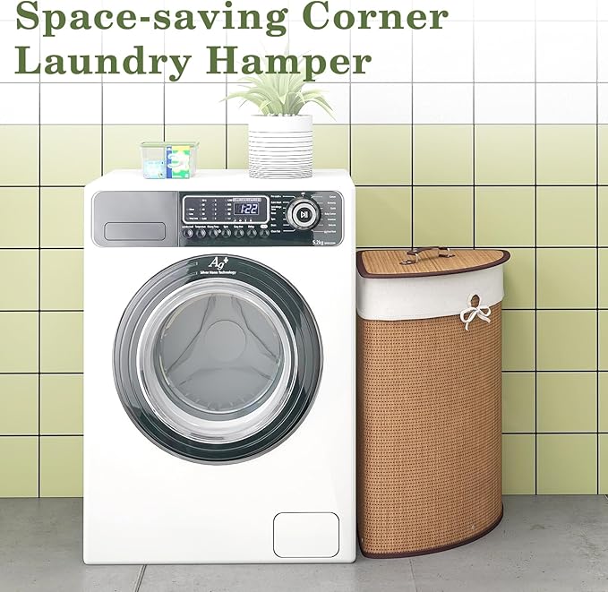 GOFLAME Corner Bamboo Laundry Hamper with Lid and Removable Liner, Washing Clothes Basket Storage Bin with Handle, Suitable for Bedroom, Bathroom, Laundry, Bamboo