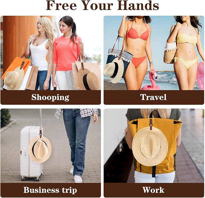 Niveaya Hat Clip for Travel on Bag - 2 Pack, Vacation Beach Cruise Essentials Accessory for Travel Handbag Backpack Luggage, Securely Hold to Keep Hat Shaped, Black+Brown