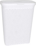 YBM Home Plastic Rattan Laundry Hamper Basket with Hinged Lid, Ventilation Holes, Durable, Lightweight Bin With Cutout Handles, Storage Dirty Clothes, Space Saver, 10.5" x 17.5" x 23.75", White