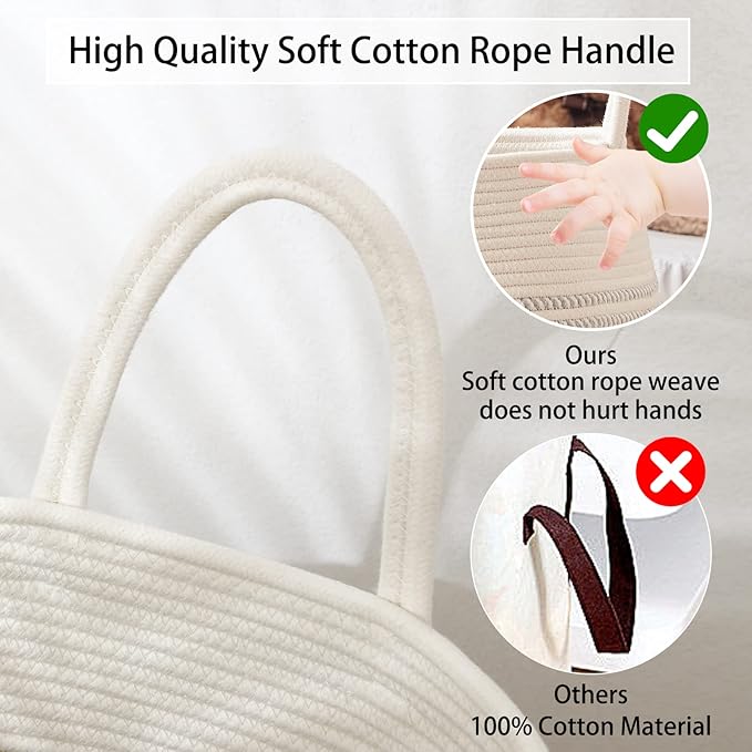 OIAHOMY Laundry Hamper Woven Cotton Rope Large Clothes Hamper 25.6" Height Tall Laundry Basket with Extended Cotton Handles for Storage Clothes Toys in Bedroom, Bathroom, Foldable (Light Grey)