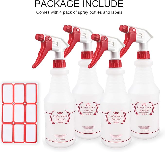 Plastic Spray Bottle (4 Pack, 24 Oz, All-Purpose) Heavy Duty Spraying Bottles Leak Proof Mist Empty Water Bottle for Cleaning Solution Planting Pet with Adjustable Nozzle and Measurements