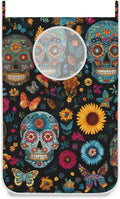 Mexican Skulls and Flowers Hanging Laundry Hamper Door Hampers Bag Basket with Stainless Steel Hooks Oxford Fabric Printing Decorative Clothes Bags 29.5X20inch 1Pack